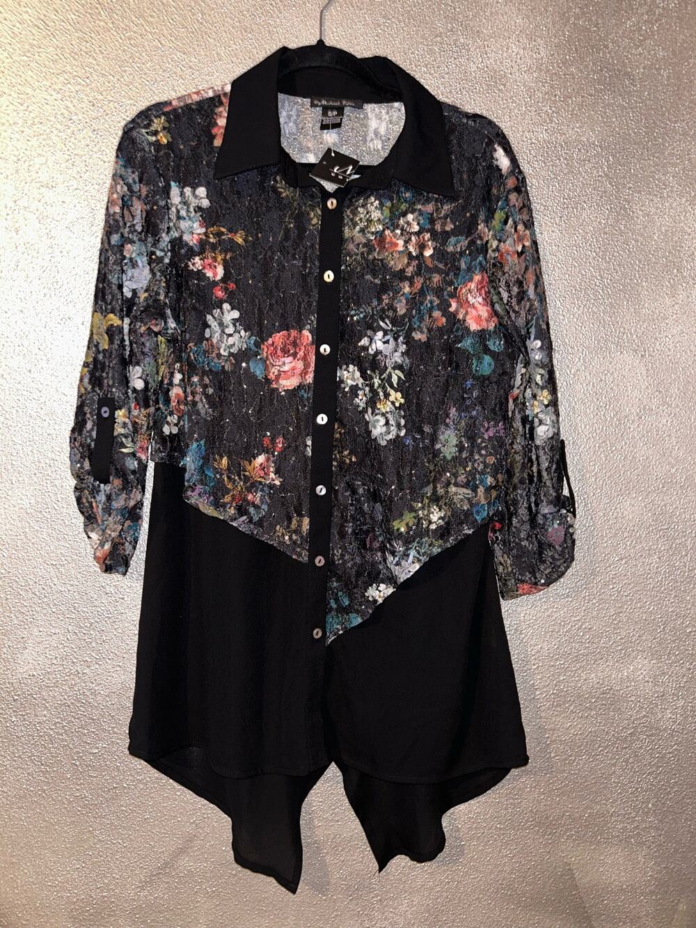Michael Tyler Black Lace Floral Button Blouse CottageCore Office Casual NWT Fun